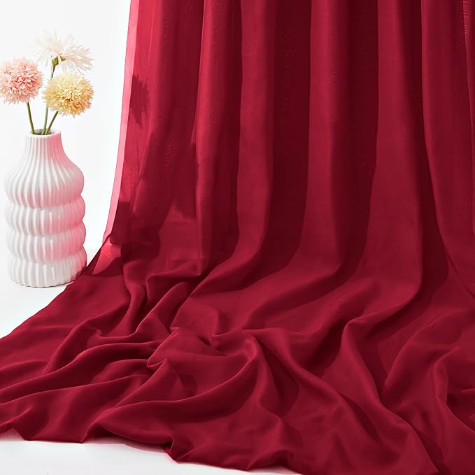 VACVELT Wedding Arch Draping Fabric - Burgundy Chiffon, 2 Panels Sheer Drapes, 30 Inch x 20ft Backdrop Curtain for Outdoor Wedding Ceremony Decor