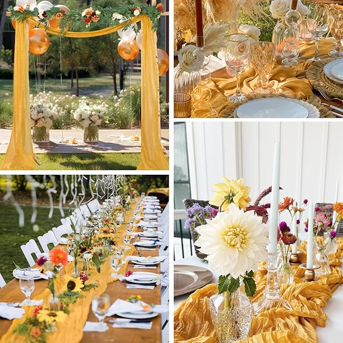 3 Pack Gold Cheesecloth Table Runner Fall Thanksgiving 35x120 Inch Yellow Cheese Cloth Runner 10FT Boho Rustic Gauze Table Runner for Wedding Baby Shower Birthday Party Decor