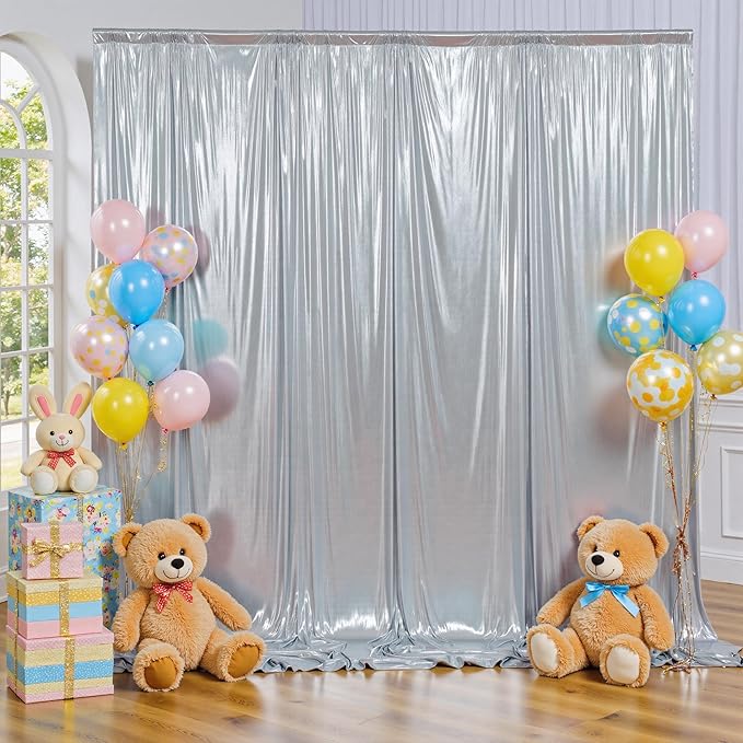 PartyVillage 10x10FT Metallic Silver Sequin Backdrop Curtain -2 Panels 5x10FT Wrinkle Free Shimmer Back Drop Cloth, Glitter Backdrop Drapes for Photography, Birthday, Wedding Background