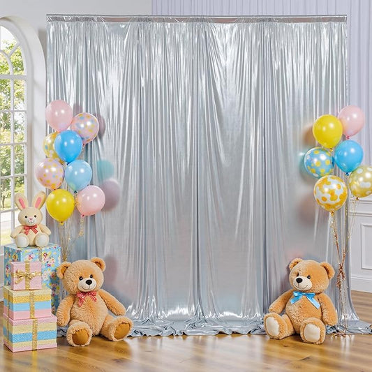 PartyVillage 10x10FT Metallic Silver Sequin Backdrop Curtain -2 Panels 5x10FT Wrinkle Free Shimmer Back Drop Cloth, Glitter Backdrop Drapes for Photography, Birthday, Wedding Background