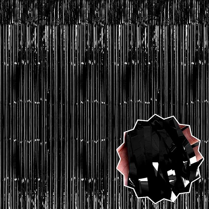 6 Pack Black Foil Fringe Curtains Backdrop, 3.28 x 8.2 Ft Metallic Streamers Tinsel Curtains Background for Photo Booth, Birthday, Weddings, Carnivals, Graduation, Themed Party Decorations