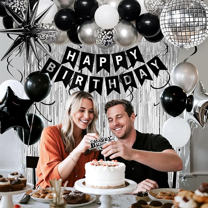 40th Birthday Decorations for Men Women, Black Silver Happy Birthday Party Decorations， 40 Year Old Party Supplies with Number 40 Balloons, Banner, Fringe Curtains Kit