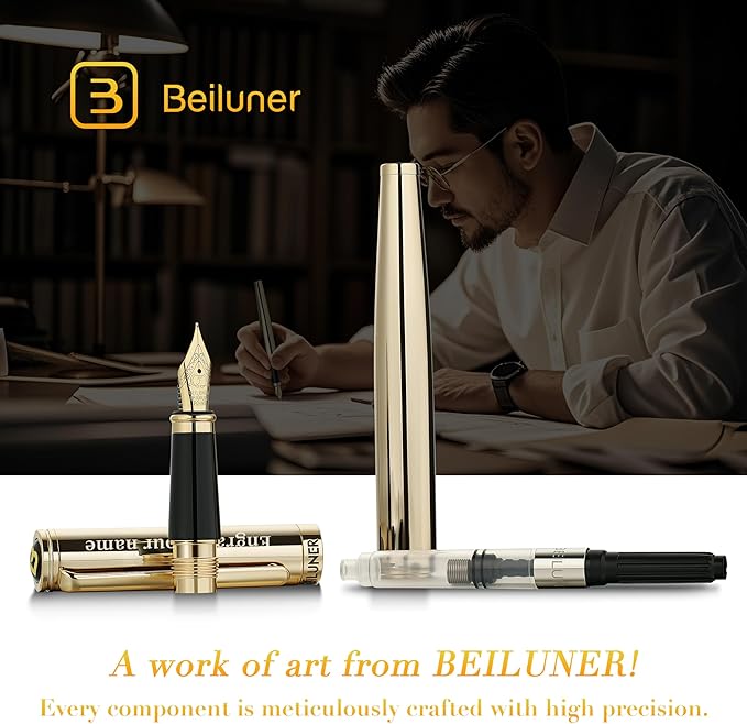 BEILUNER Gold Personalized Fountain Pen,Stunning Luxury Surface,24K Gilded Nib(Fine),Gorgeous 24K Gold Finish, Ink Converter,Fancy Gift for Men&Women-Elegant, Graduation,Office Pens for Writing