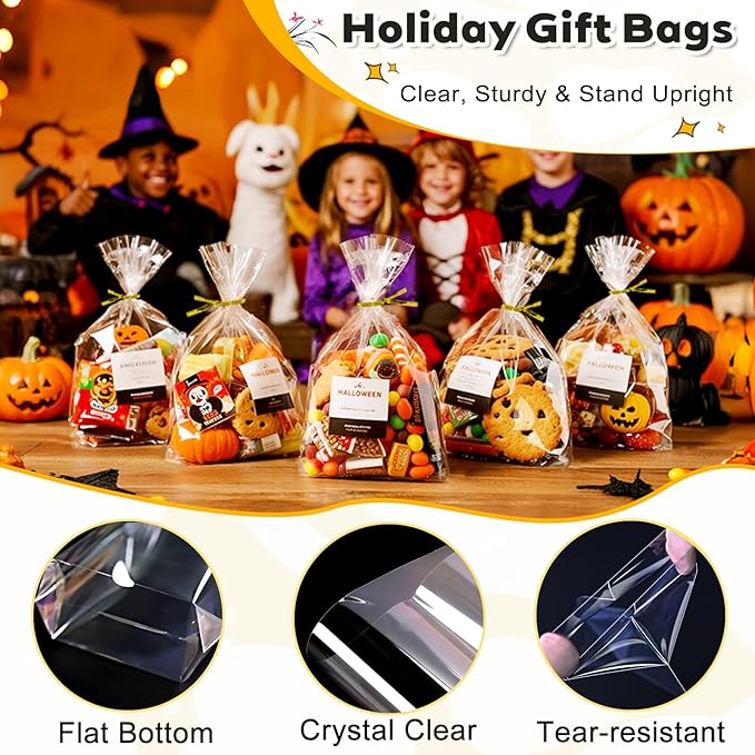 PigPotParty Cellophane Treat Bags 7"x10", 50 Pack Clear Goodie Bags, 3.2" Bottom Gusset for Stand-Up Display, Small Plastic Gift Wrap for Cookies, Candy, Party Favors, Popcorn, Includes 50 Gold Ties
