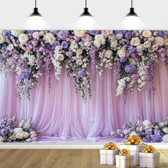 6x4ft Purple Lavender Floral Bridal Backdrop Wedding Flower Photography Backdrop for Girl Portrait Baby Shower Birthday Party Decor Banner Mother's Day Party Wall Backdrop Studio Photo Backgrounds