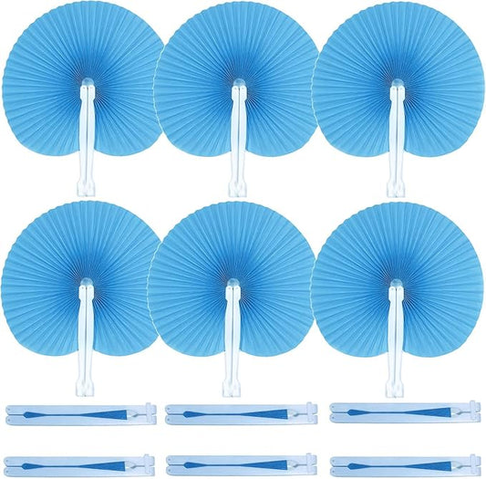 12 Packs Decorative Paper Folding Hand Fans Handheld,Blue Round Foldable Wedding Fans Chinese and Japanese Fans Bulk for Bridal Guest Church Party Favors Dancing Birthday DIY