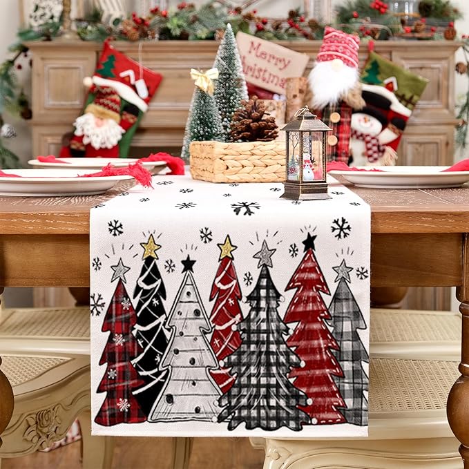 GEEORY Christmas Table Runner 13x72 Inch, Xmas Tees Snowflakes Holiday Decorative Farmhouse Table Decoration for Kitchen Dinning, Indoor Outdoor Dinner Party Decor ((Red & Black) GT165-72