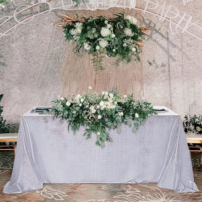 Fitable Silver Sequin Tablecloth for Parties 60x84 Inch - Sparkle Glitter Table Cloth Laser Rectangle Table Cover Overlay for Wedding Baby Shower Ceremony Birthday Cake Table Holiday Banquet