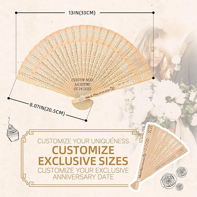 100pcs Personalized Wedding Fans for Guests - Custom Wooden Hand Fans with Names/Dates - Bulk Wedding Favors for Bridal Shower, Baby Shower & Parties (Wood, 100pcs)