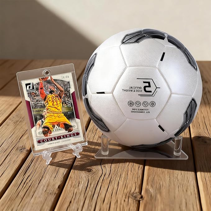 Ball Display Stand with Card Display Stand, Transparent Acrylic Sleek Holder for Different Size Basketball, Soccer Ball, Football, Small Easel Holder Stand for Trading Card Holder-1 Pack
