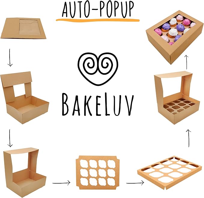 BAKELUV Brown 12 Cupcake Boxes, Cupcake Containers | 13x9.5x4, 50 Pack
