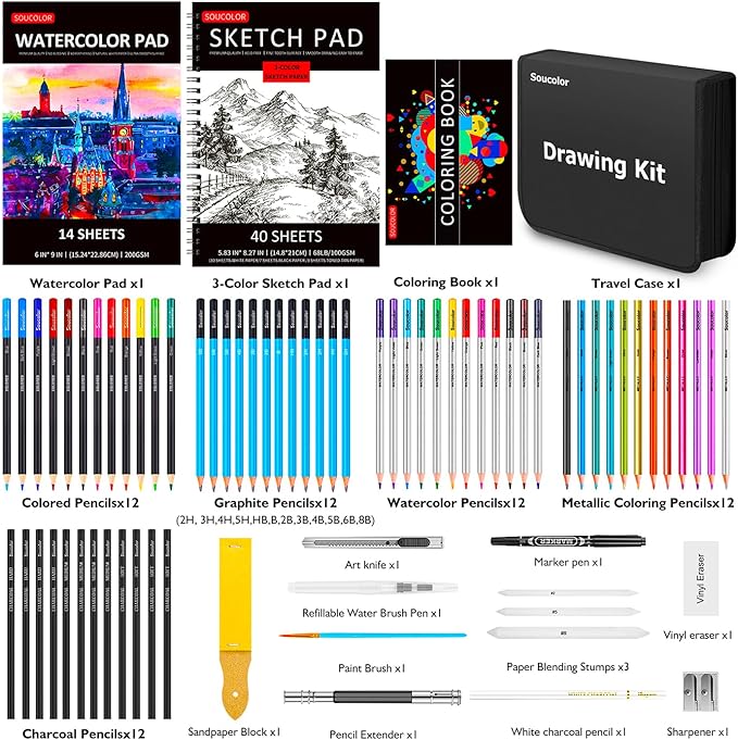Art Supplies, Soucolor 76 Pack Drawing Set Sketching Kit, Christmas Gifts Box for Adult Kids Teen Girls: 3-Color SketchBook, Watercolor Pad, Coloring Book, Charcoal Colored Watercolor Metallic Pencils