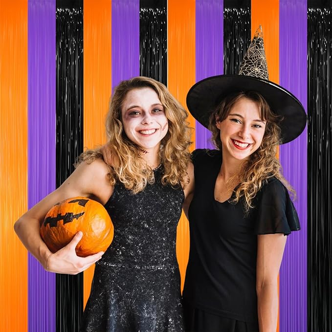 GOER 3.2 ft x 8.2 ft Metallic Tinsel Foil Fringe Curtains for Halloween Birthday Graduation New Year's Party Decorations(1 Pack,Black&Orange&Purple)