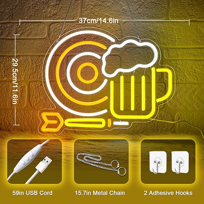 Beer Darts Neon Sign,Neon Signs for Wall Decor,Led Beer Sign for Bar,Neon Light Sign for Man Cave,Beer Sign for Bedroom,Light Up Sign for Bar,LED Wall Art Neon Sign for Party,Pub,Clubs