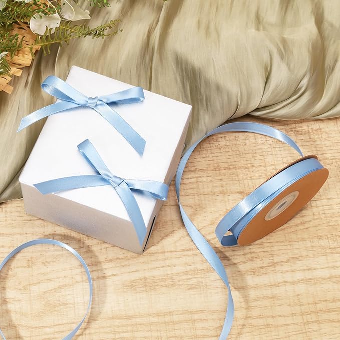LaRibbons Light Blue Satin Ribbon 3/8 Inch 25 Yards Luxury Double Faced Blue Silk Ribbon for Flower Bouquet Crafts Gift Wrapping Wedding Party Babyshower Decoration