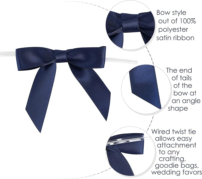 AIMUDI Navy Blue Satin Ribbon Twist Tie Bows 2.5" Pretied Bows Premade Craft Bows for Treat Bags Cake Pop Gift Wrapping Basket Wedding Favors Cookie Candy Bagging Baby Shower - 50 Counts