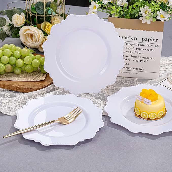COLOSUS 100pcs 7.5 Inch White Plastic Dessert Plates,Heavy Duty Disposable Appetizer Plates,Premium Plastic Salad Plate,Fancy Disposable Cake Plate for Party, Wedding and Everyday Use