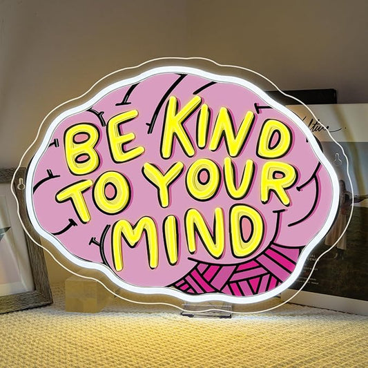 Lucunstar Be Kind To Your Mind Neon Sign Brain Neon Signs Dimmable Led For Wall Decor Be kind Lights For Classroom Home Bedroom Office USB Powered 16.06x12.09in