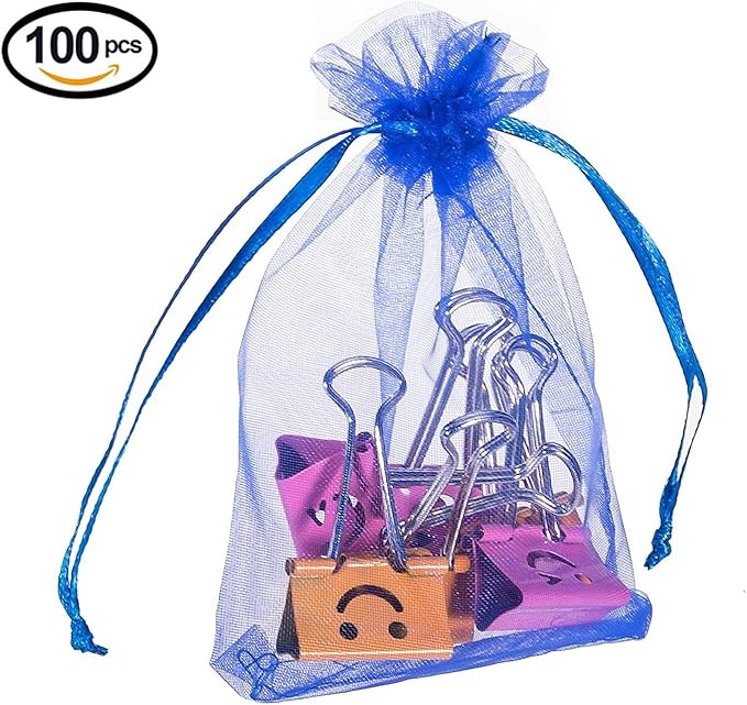Wudygirl 100pcs 5X7 Blue Organza Bags with Drawstring Jewelry Lipstick Cosmetics Pouches Baby Shower Party Wedding Favor Candy Bags(Blue 5X7)