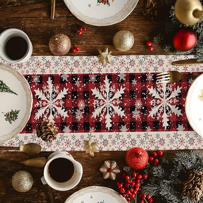 Buffalo Plaid Christmas Cotton Linen Table Runner for Dining Kitchen, Snowflake Red Black Check Wedding Outdoor Party Tablerunner Decoration, Retro Dresser Scarf Coffee Tablecloth Runners 13x48 Inches