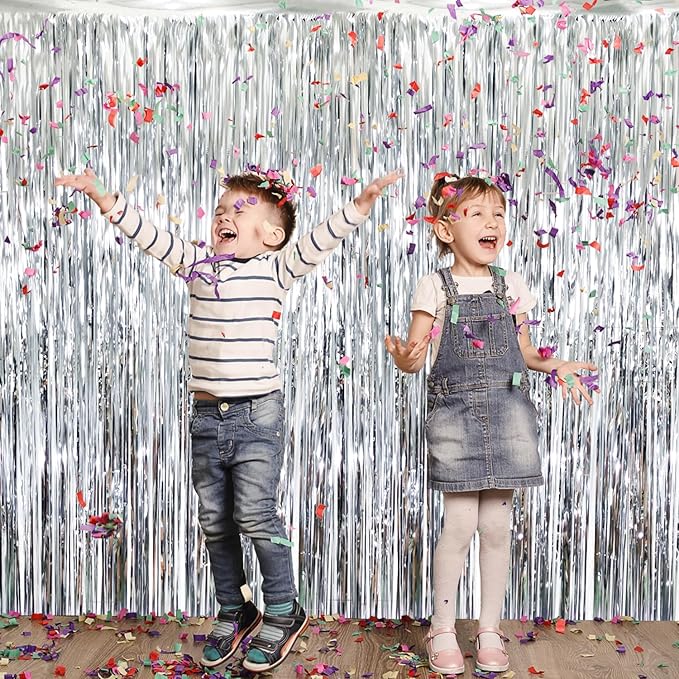 GOER 3.2 ft x 8.2 ft Metallic Tinsel Foil Fringe Curtains Party Photo Backdrop Party Streamers for Birthday,Graduation,New Year Eve Decorations Wedding Decor (Silver,5 pcs)