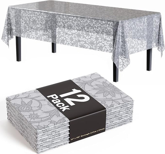 Exquisite Lace Table Cloth Rectangle Table Plastic 12-Pack Lace Tablecloth Rectangular 54" X 108" | Silver Floral Tablecloth Disposable | Wild Flower Party Decorations & Party Supplies
