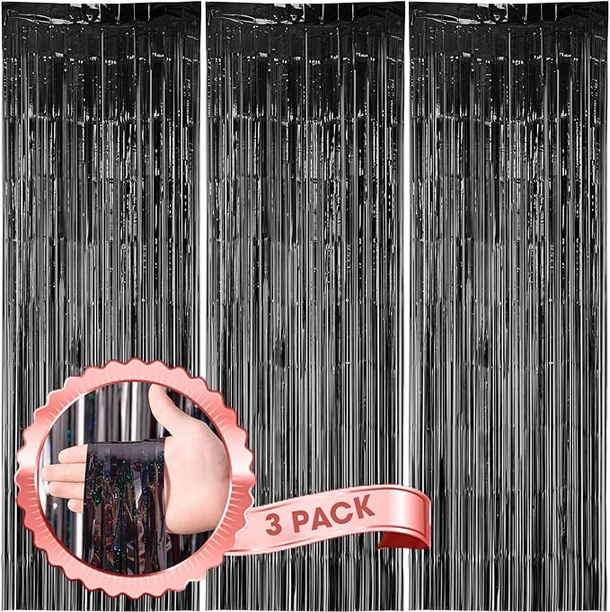 3 Pack 3.3 x 8.2 ft Laser Black Foil Fringe Backdrop Curtains, Tinsel Streamers Birthday Party Decorations, Fringe Backdrop for Graduation, Baby Shower, Gender Reveal, Disco Party