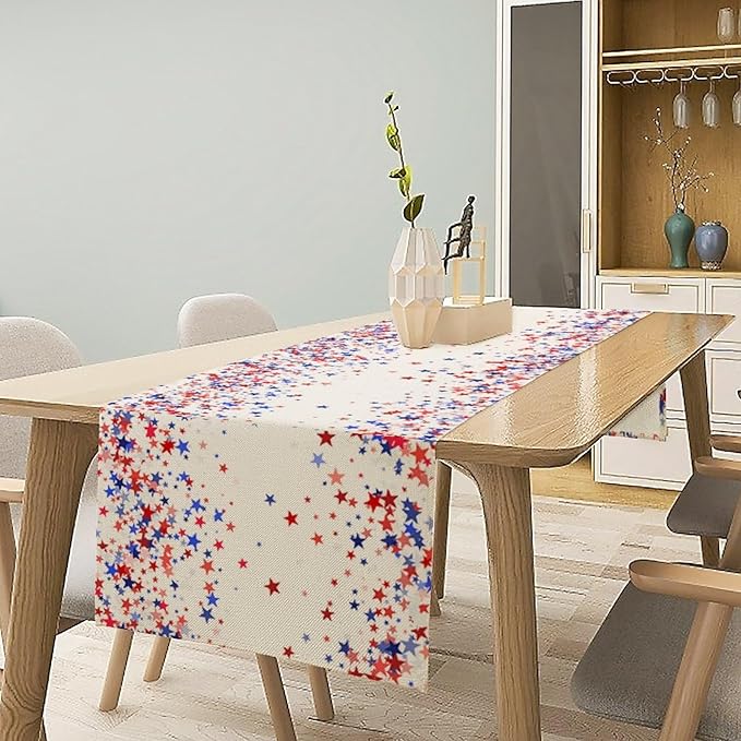 Independence Day Table Runner, 4th of July Red Blue Stars American President Day Holiday Confetti Print Table Cover for Kitchen Dining Table Indoor Outdoor Party, 13x120inch