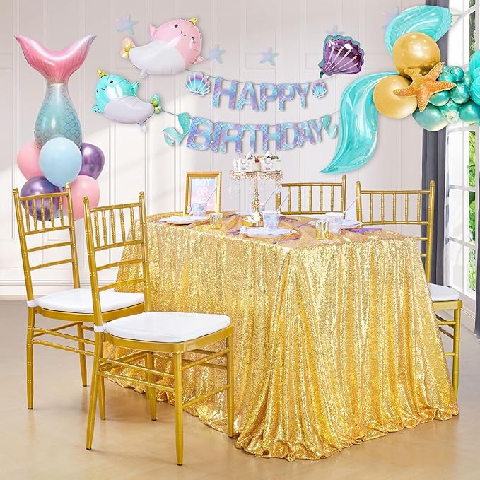 QueenDream 90x132inch Rectangle Sparkly Gold Sequin Tablecloth Wedding Glitter Tablecloth for Birthday Party Decor