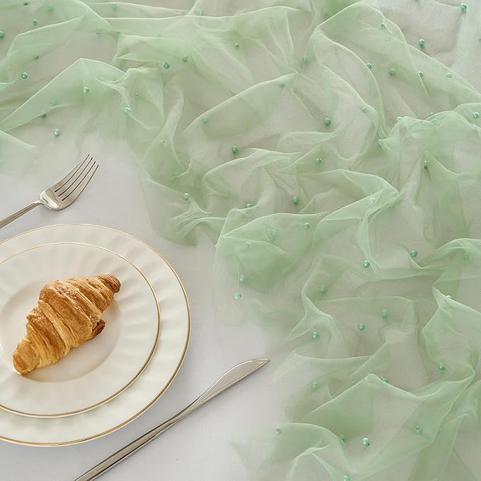 Fanami 3 Pack Pearl Table Runner -10FT Sage Green Boho Tulle Table Runners 120 Inches Long Rustic Sheer Lace Fabric Centerpieces for Wedding Arch Birthday Party Bridal Veil Baby Shower Decorations