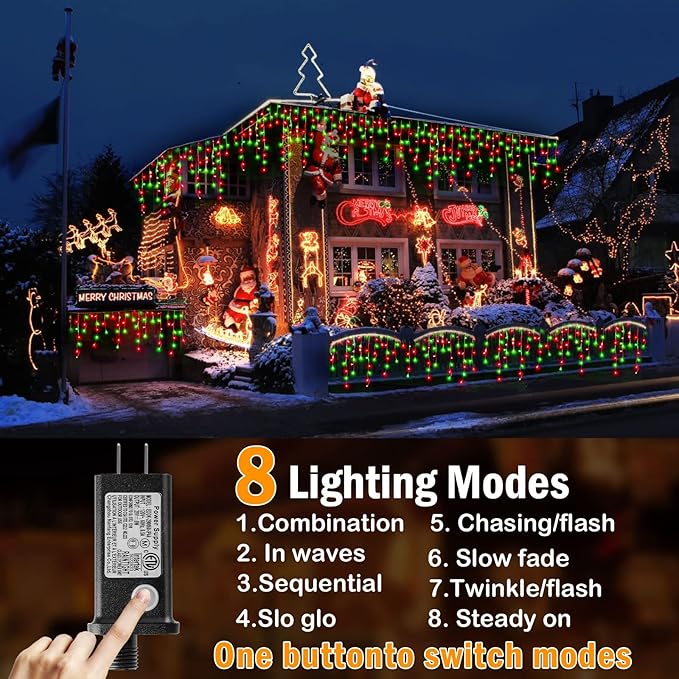 KNONEW Christmas Lights Outdoor Decorations 400 LED 33ft 8 Modes Curtain Fairy String Light with 75 Drops, Clear Wire LED String Light Indoor Decor for Wedding Party Christmas (Red and Green)