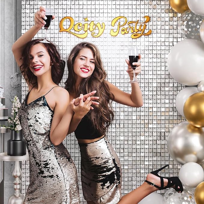 Qcity Mirror White Sequin Wall Backdrop 36PCS, Black Back Not See-Through Design, Square Sequin Glitter Backdrop Panel, Perfect for Outdoor Events, Birthdays, Wedding and Party Decoration