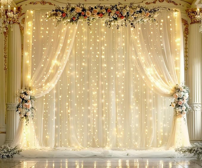 Champagne Tulle Photo Backdrop Curtain with Lights String for Parties Wedding Bridal Shower Sheer Champagne Curtain Backdrop for Birthday Baby Shower Photo Booth Photography 20ft x 8ft