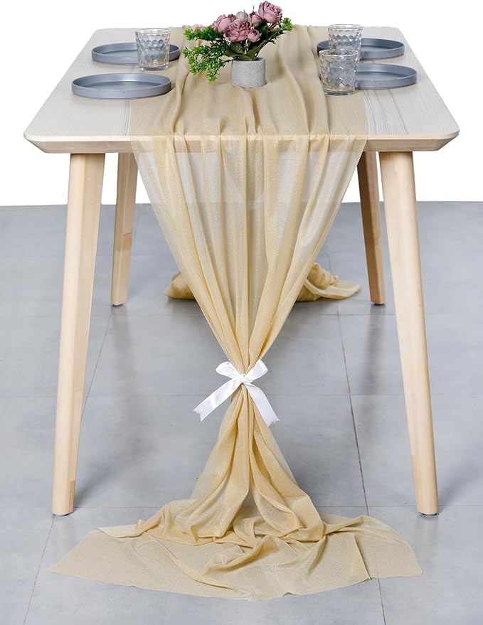 MDS 25 Pack 10ft Chiffon Table Runner 29 x 120 Inches Sheer Wedding Runner Romantic Rustic Table Runner for Wedding Decorations, Birthday Parties, Bridal Shower Party Arch Decor - Champagne Gold