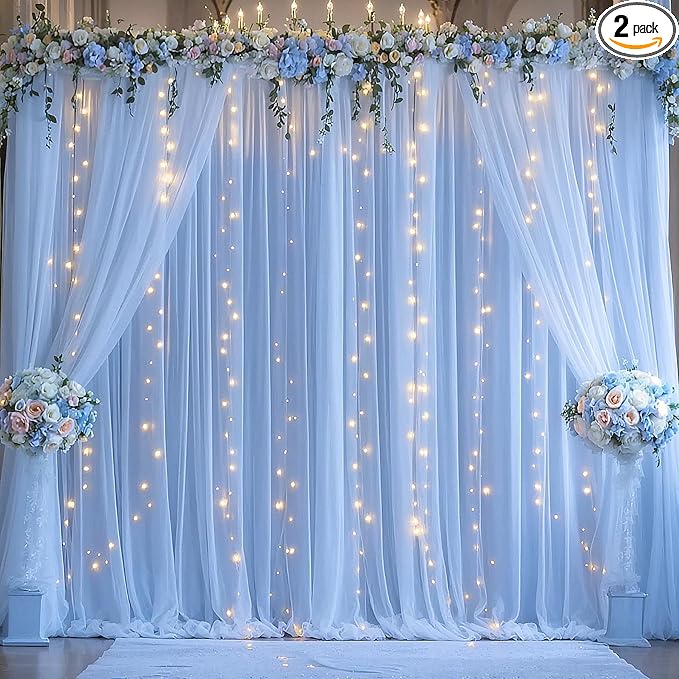 Blue Tulle Backdrop Curtains with Lights String for Parites Baby Shower 20×10ft Blue Sheer Backdrop Curtains Drapes for Bridal Shower Birthday Party Photo Shoot Background Decorations(4 Panels 5×10ft)
