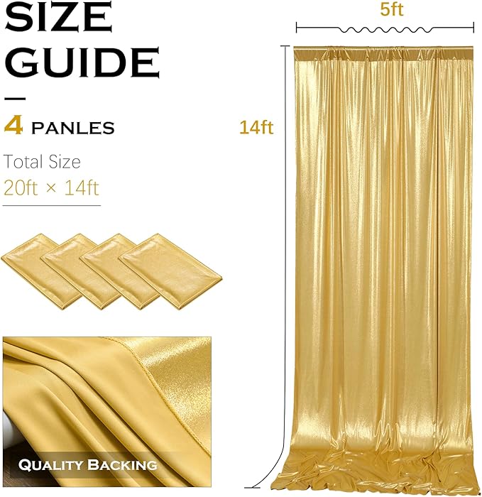 PartyVillage 20x14FT Gold Sequin Backdrop Curtain -4 Panels 5x14FT Wrinkle Free Shimmer Back Drop Cloth, Glitter Backdrop Drapes for Photography, Birthday, Wedding, Graduation Background