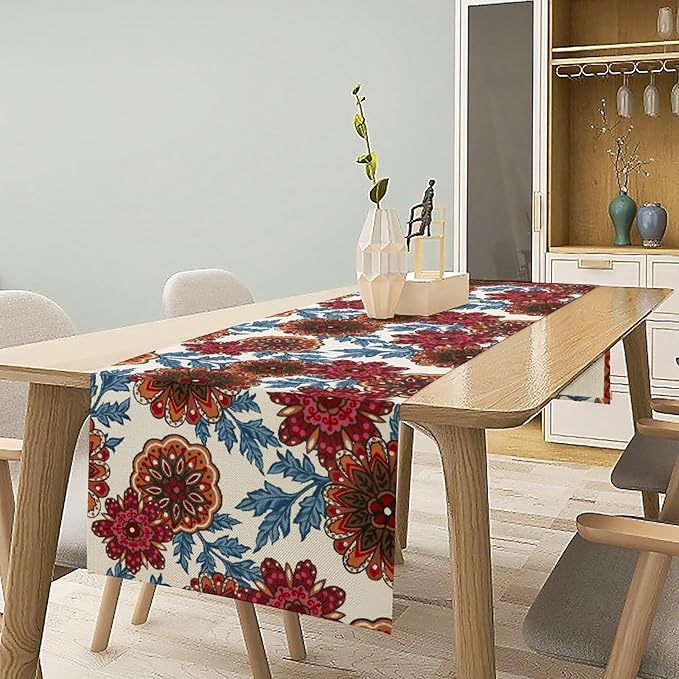 Mandala Flower Table Runner, Vintage Oriental Exotic Native Red Floral Blue Branch Leaves Botanical Print Table Runner for Farmhouse Kitchen Dining Table Decor, 13x108inch
