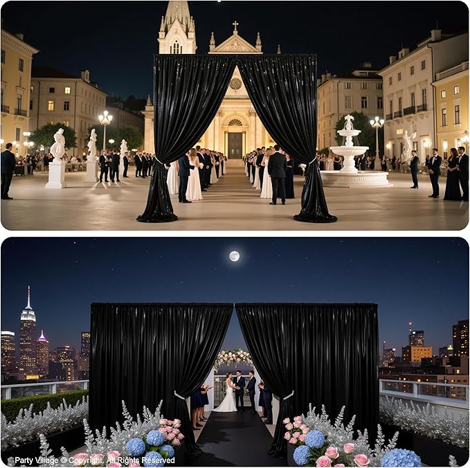 PartyVillage 20x10FT Black Sequin Backdrop Curtain -4 Panels 5x10FT Wrinkle Free Shimmer Back Drop Cloth, Glitter Backdrop Drapes for Photography, Birthday, Wedding, Graduation Background