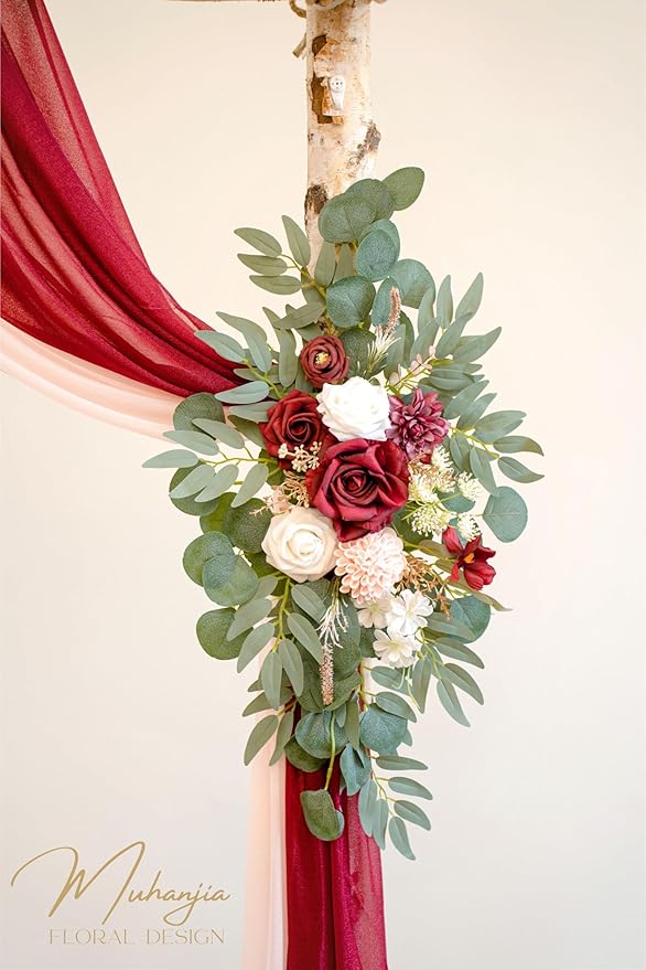 Artificial Wedding Arch Flowers Kit(Pack of 4),2Pcs Artificial Flower Arch Decor, 2Pcs Chiffon Fabric Drapes, Ceremony Decoration, Floral Outdoor Party Decor (Burgundy & Blush)