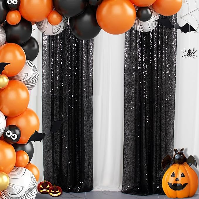 ShinyBeauty Gold and Black Backdrop 2FTx8FT Sequin-Backdrop 4Pieces Photograph Backdrops Sparkle Curtain Panels Black Sequin Curtains Glitter Background for Wedding/Graduation Halloween Decor