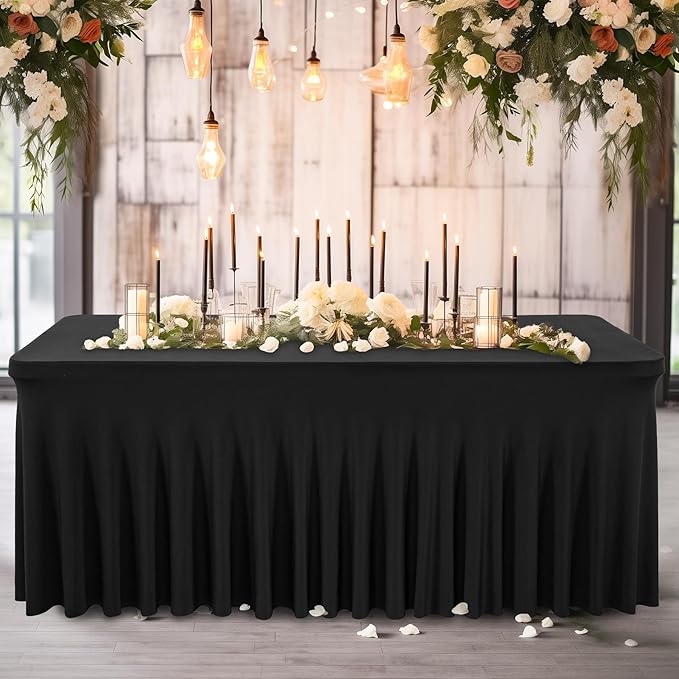 Wish Care 6 Pack Black Spandex Table Cloths for Rectangle Tables 8ft - One-Piece Wrinkle Free Fitted Table Cover 8 Foot Table Stretch Tablecloths for Party, Banquet, Wedding and Events