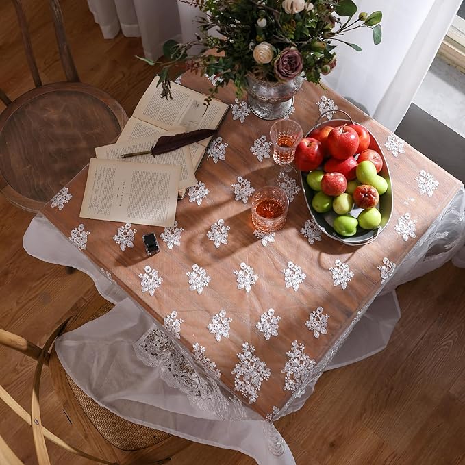 patdrea Designer White Lace Elegant Tablecloth for Square Tables,Vintage Tulle French Romantic Knitted Embroidered Overlay Tablecloths Decor for Kitchen Wedding Banquet,59"*59"