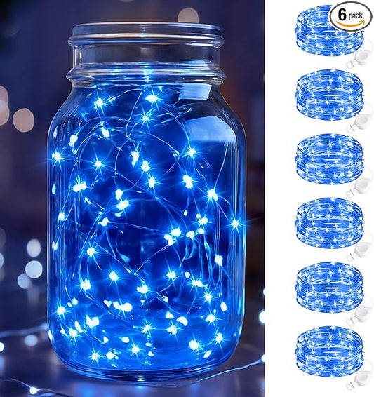 btfarm 6 Pack Fairy Lights Battery Operated, 7FT 20 LED Mini String Lights Waterproof Silver Wire for Mason Jars Centerpiece Table Crafts Bedroom Christmas Decoration, Blue