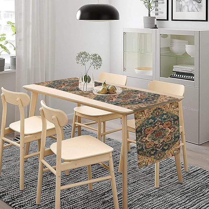 Boho Bohemia Style Table Runner, Country Rustic Farmhouse Vintahe Colorful Geometry Print Table Runner for Home Kitchen Dinner Party Holiday Decor, 13x36inch