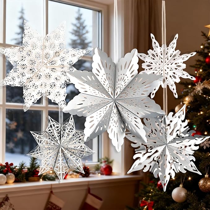 5 Pcs Christmas Paper Snowflake Lanterns, Large 3D Christmas Paper Star Lanterns with LED Lights, White Silver Hanging Snowflake Lamps for Xmas Winter Frozen Weddings Holiday Party Decorations