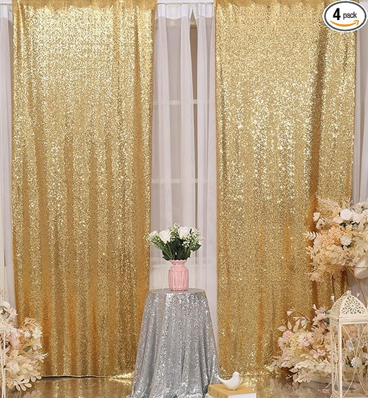 Poise3EHome Gold Sequin Backdrop Curtain, 4 Pieces 3FT x 8FT Sequin Backdrop Panels, Sequence Wedding Party Background Drapes