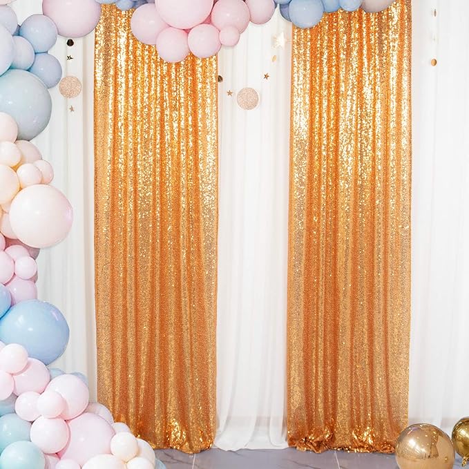 ShinyBeauty Gold Backdrops 2 Pieces Sequin Curtains 4FTx7FT Photoshoot Background Shimmer Golden Bakdrop Glitter Backgrounds for Prom,Birthday,New Year Studio Decor (8FTX7FT)