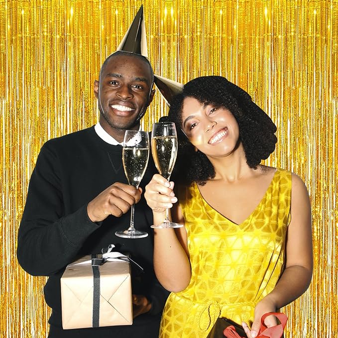 10 Pack Gold Backdrop Curtain 3.2ft x 8.2ft Metallic Tinsel Foil Fringe Curtains Photo Booth Background for Birthday Party Decoration Baby Shower Engagement Wedding Christmas Decoration (Gold)