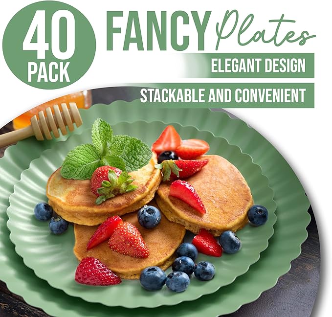 Trendables Scalloped Paper Plates 8.5 Inch & 10.5 Inch 40 Pcs Dinner Plate Set Fancy Disposable Plates for Party for 20 Guests 20 X 8 & 20 X 10 Large & Small Paper Plate Set for Parties Matcha