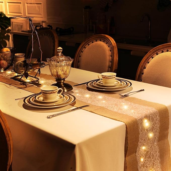 Xinnun 12 Pcs Burlap Table Runner with Lights 12 x 108 Inches Burlap Lace Table Runner Rustic Wedding Decorations Home Party (Flower)